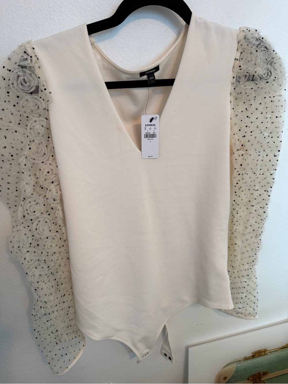 Express Cream V-Neck Bodysuit with Sheer Dotted Puff Sleeves